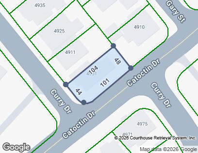 Parcel map showing the 4901 lot outlined at the corner of Curry Dr and Catoctin Dr